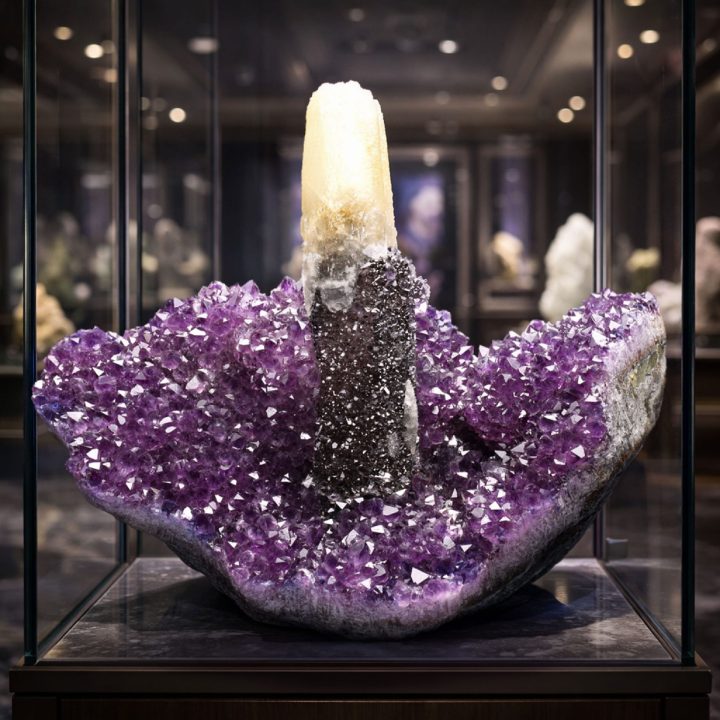 Amethyst stalactite crystal formation with vibrant purple druzy displayed in a glass showcase