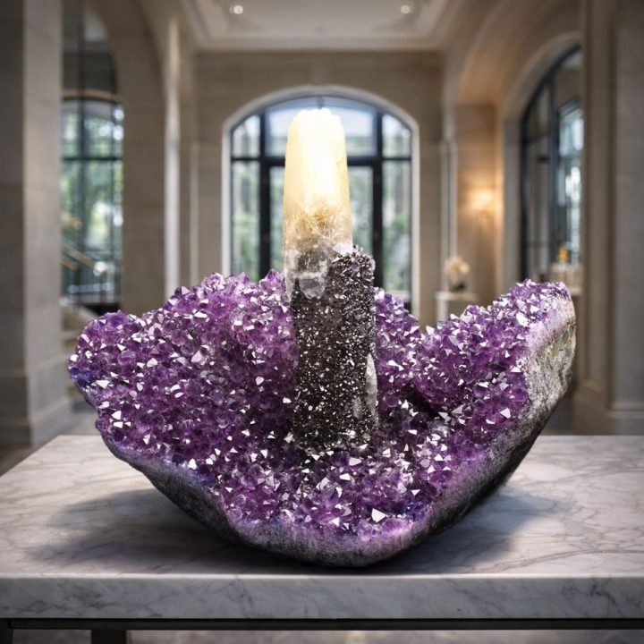 Amethyst stalactite formation with sparkling purple crystals displayed on a table in an elegant interior