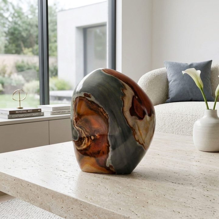Polished jasper freeform stone with red, gray, and earthy patterns displayed in a modern living room
