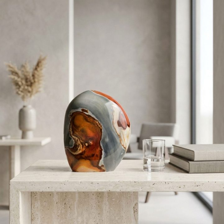 Polished jasper freeform stone with red and gray patterns displayed on a modern table