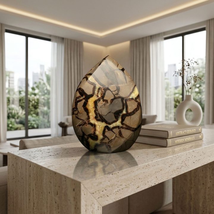 Polished septarian egg stone displayed on a stone table in a bright modern living room
