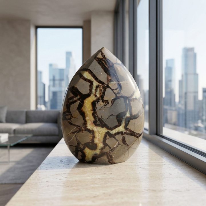 Polished septarian egg stone displayed by a window in a modern interior setting