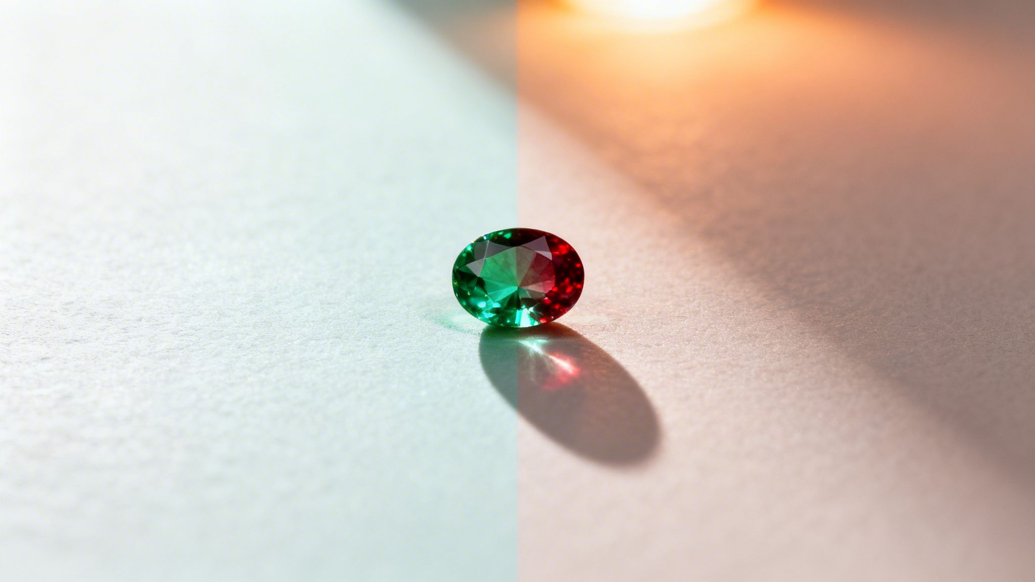 A beautiful oval alexandrite gemstone displaying distinct green and red color change on a split background.