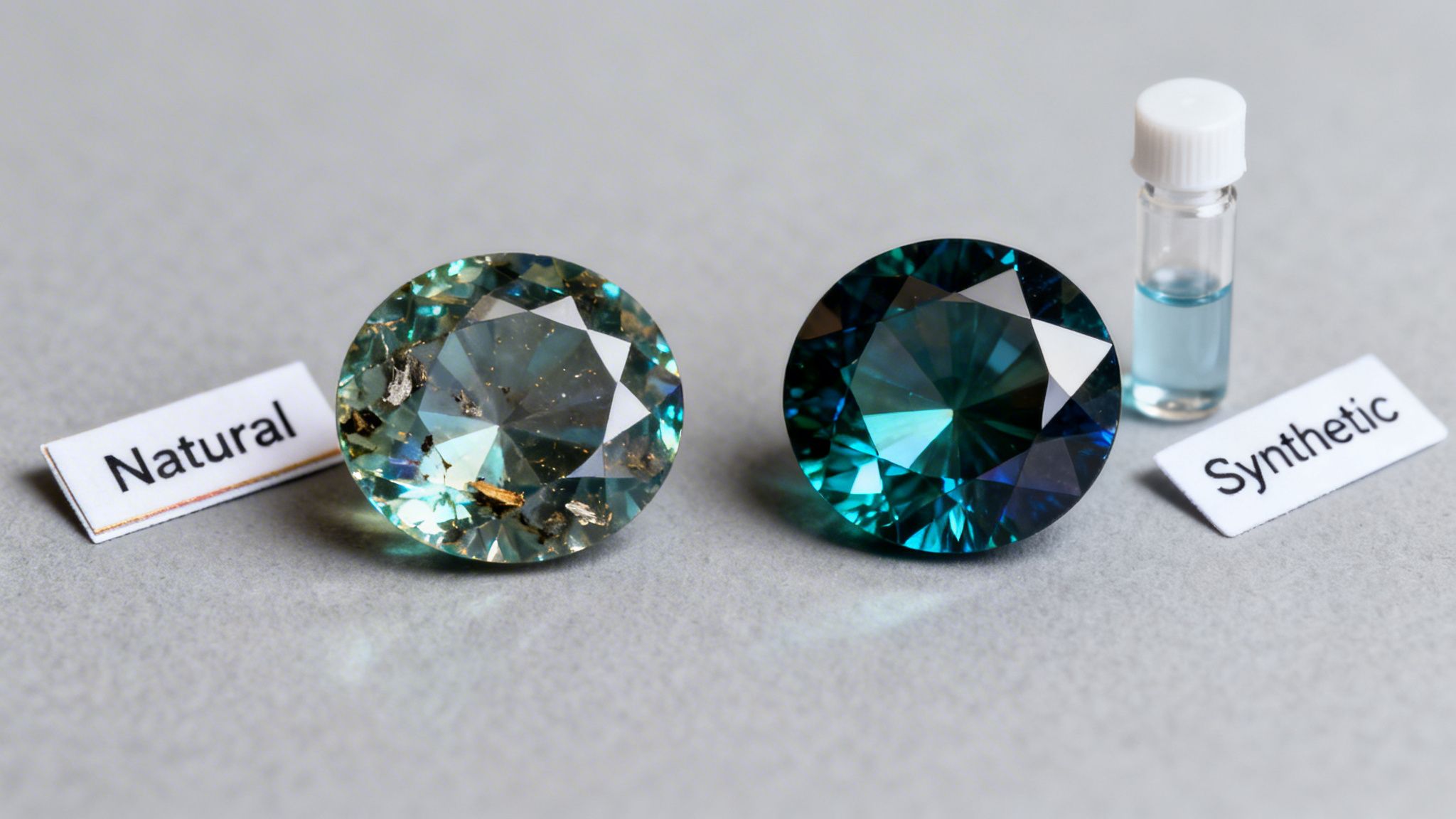 Two blue-green gemstones, one natural with inclusions and one synthetic, with labels and a liquid vial.