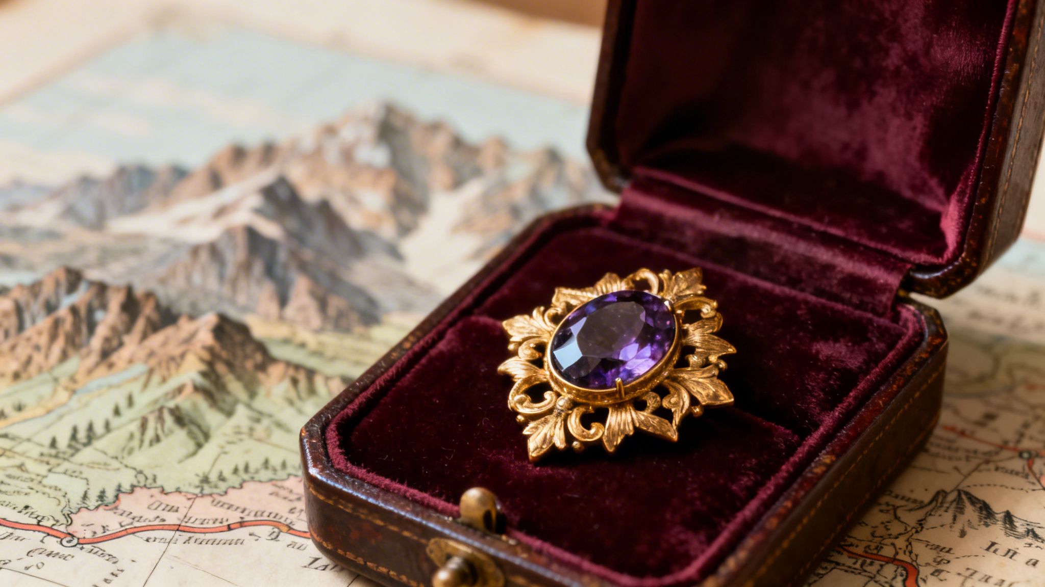An antique gold brooch with an oval purple gemstone rests in a velvet box on a vintage map.
