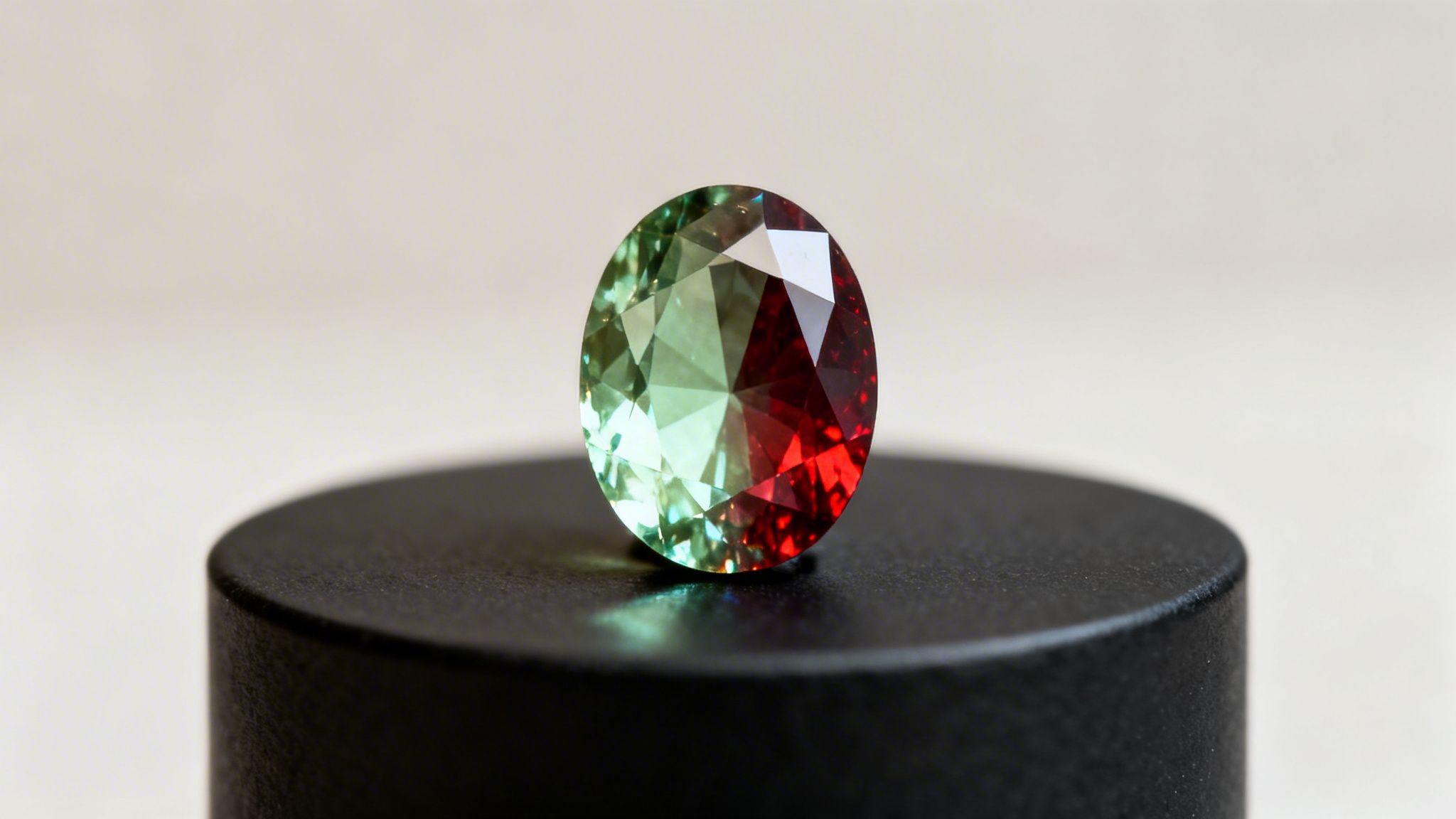 Faceted alexandrite gemstone with prominent green and red colors, resting on a textured black display.