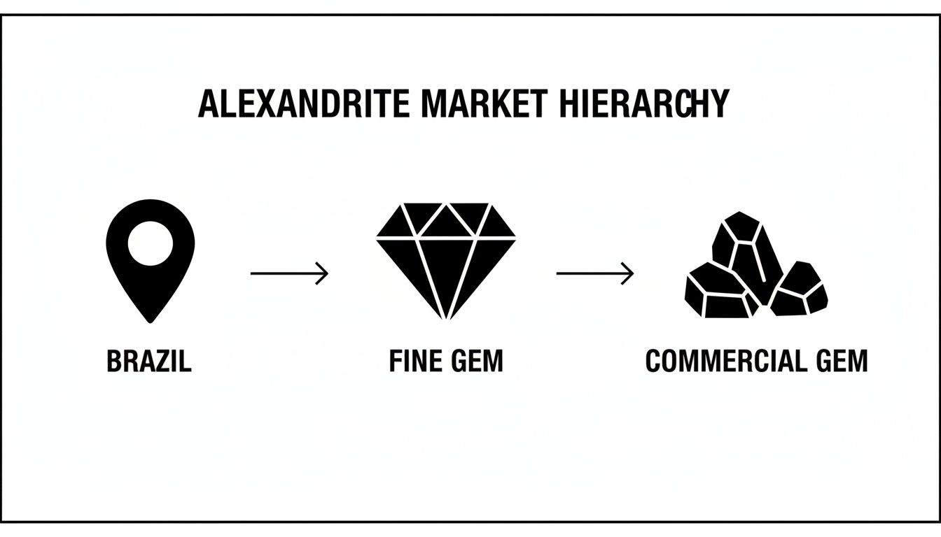 Alexandrite market hierarchy illustrating gems from Brazil categorized into fine and commercial quality.