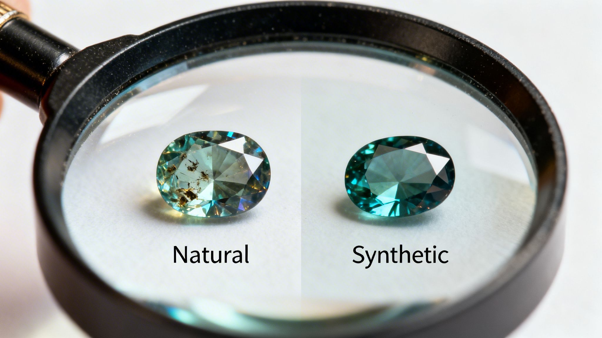 Magnifying glass shows a natural alexandrite with inclusions and a flawless synthetic alexandrite gemstone.