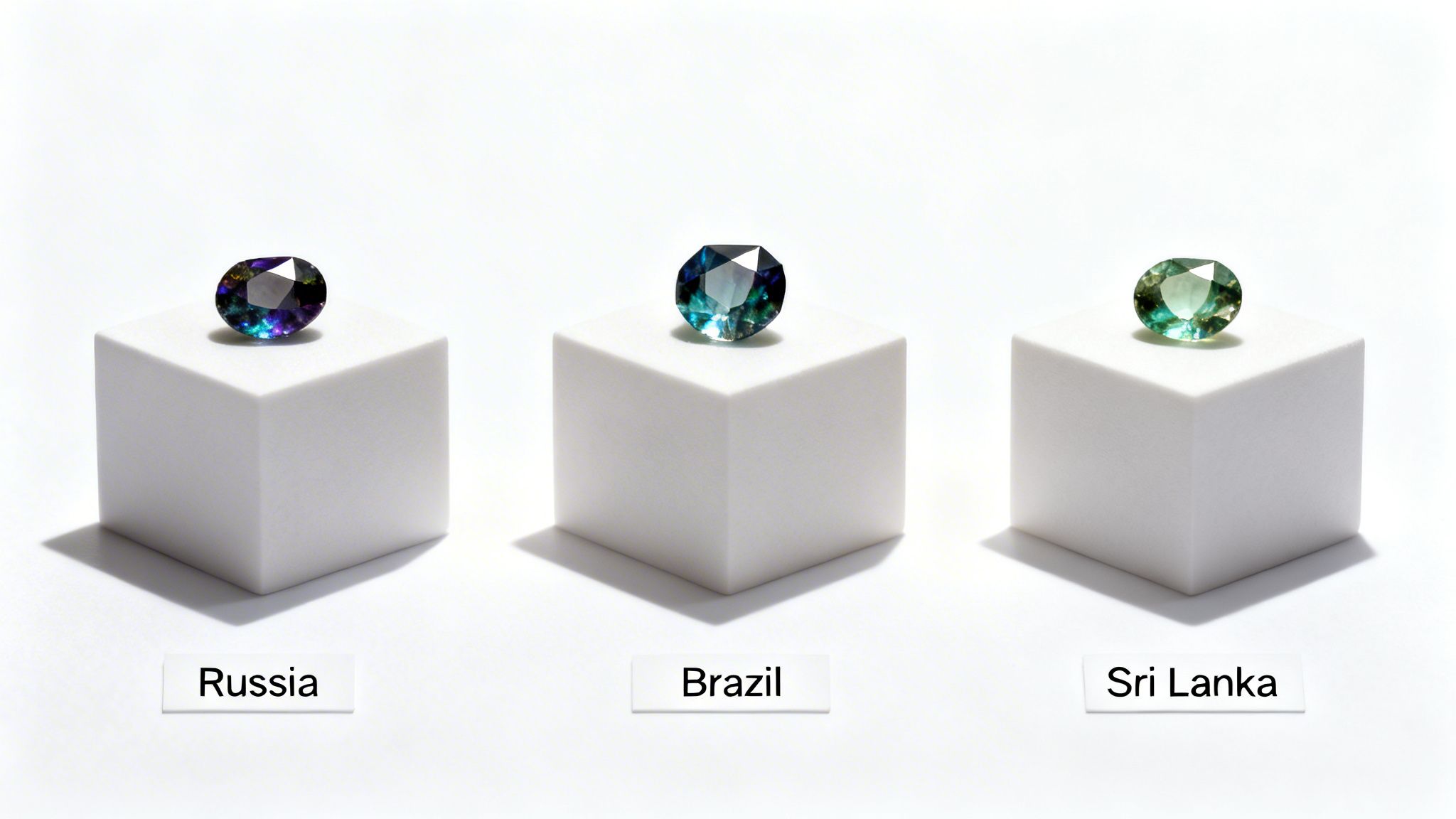 Three color-changing Alexandrite gemstones from Russia, Brazil, and Sri Lanka, displayed on white cubes.