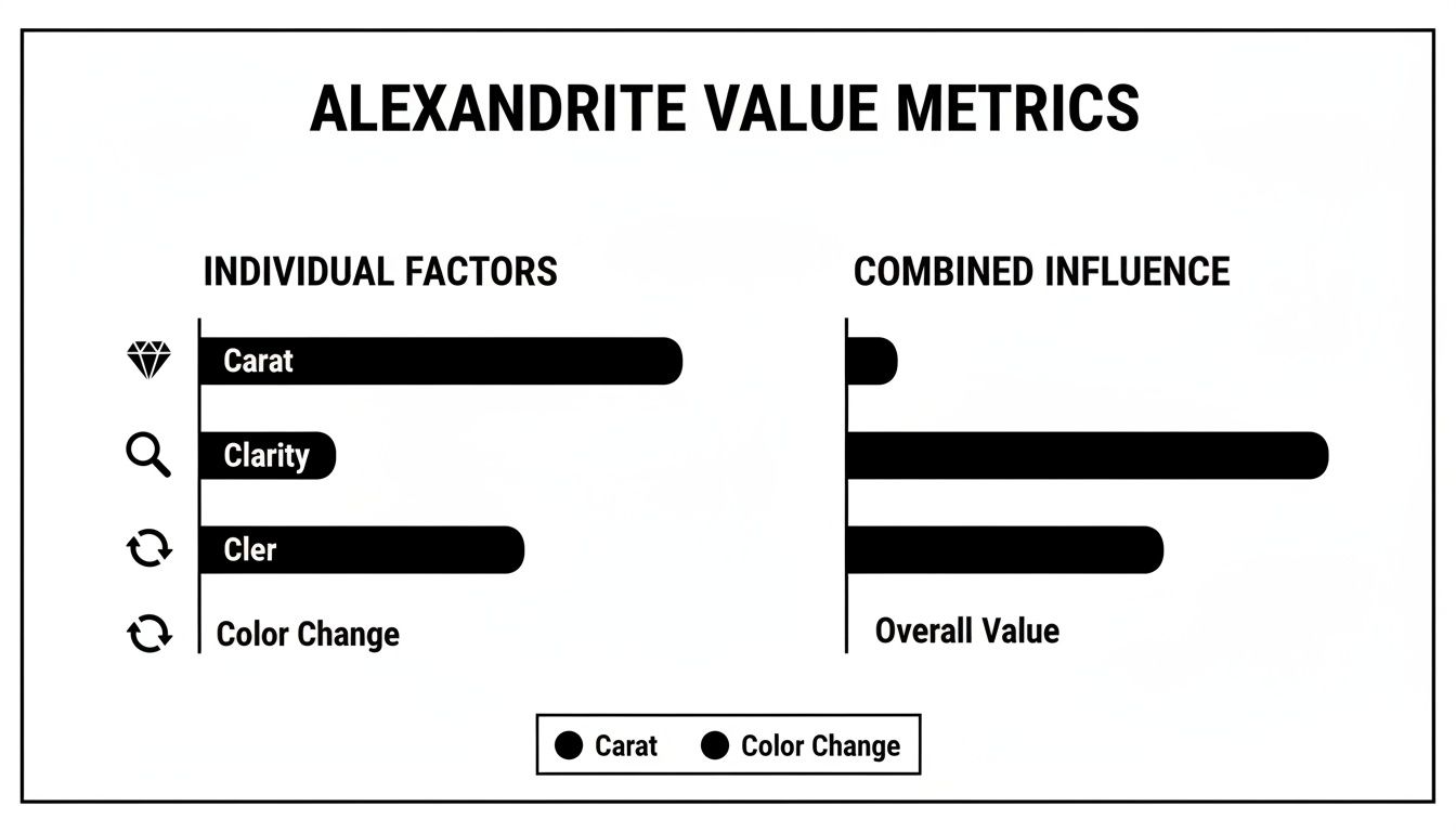 Bar chart illustrating alexandrite value metrics, comparing individual factors and combined influence on overall value.