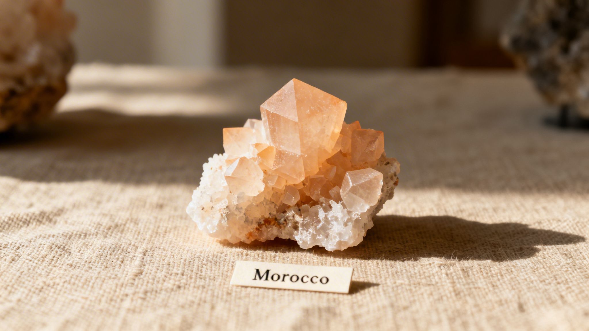 A cluster of vibrant orange aragonite crystals on a white matrix sits on a textured beige fabric with a "Morocco" label.