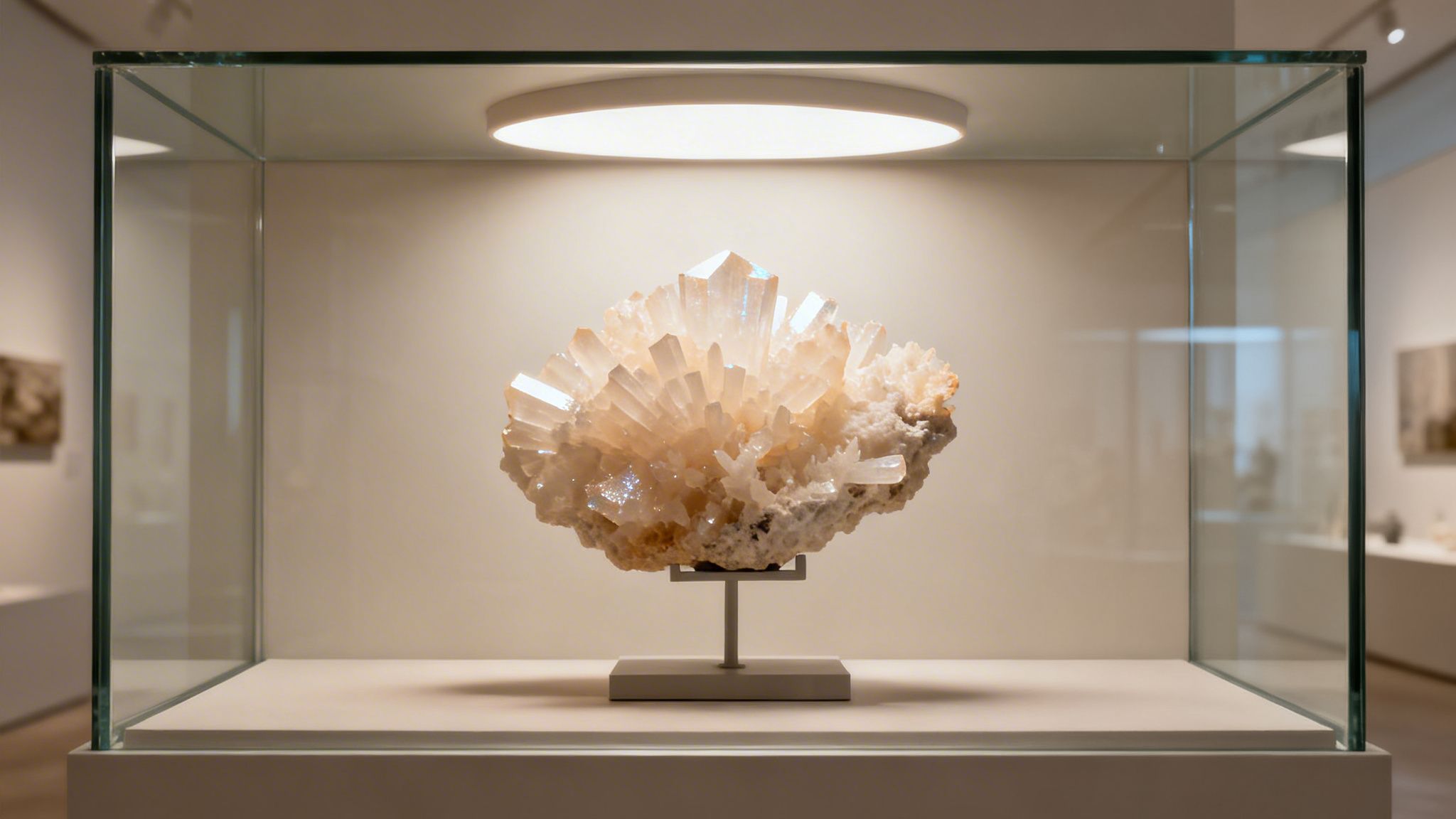 Sparkling aragonite mineral cluster brightly illuminated in a clear glass museum display case.