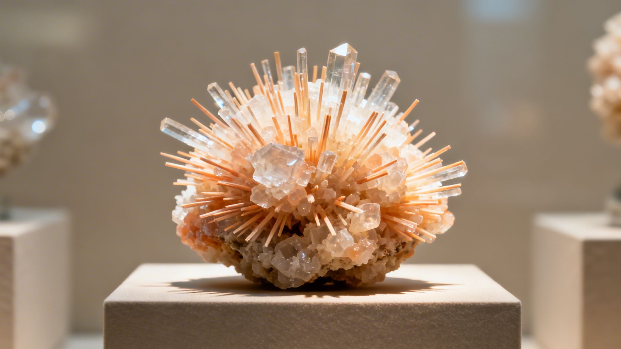 A spherical aragonite mineral specimen with radiating orange needle-like crystals and clear blocky crystals on a light pedestal.
