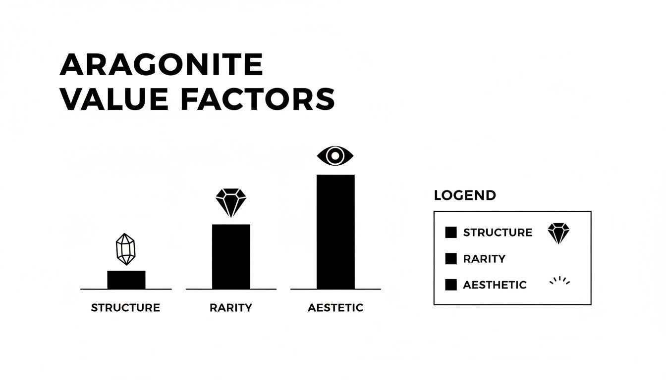 Bar chart illustrating Aragonite value factors: Structure, Rarity, and Aesthetic, with Aesthetic being highest.