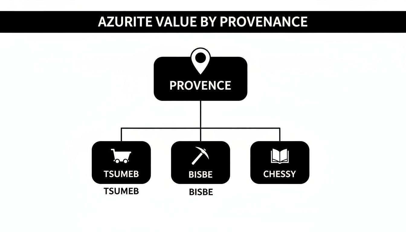 A diagram illustrating Azurite value by provenance, listing Tsumeb, Bisbe, and Chessy as origins.