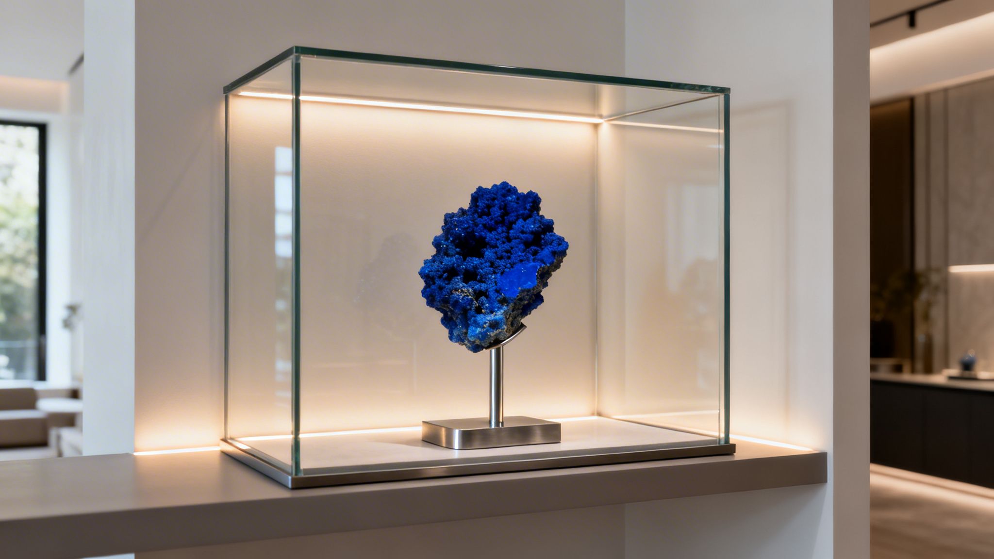 A vibrant blue azurite crystal mineral is showcased in an illuminated glass display case on a shelf.