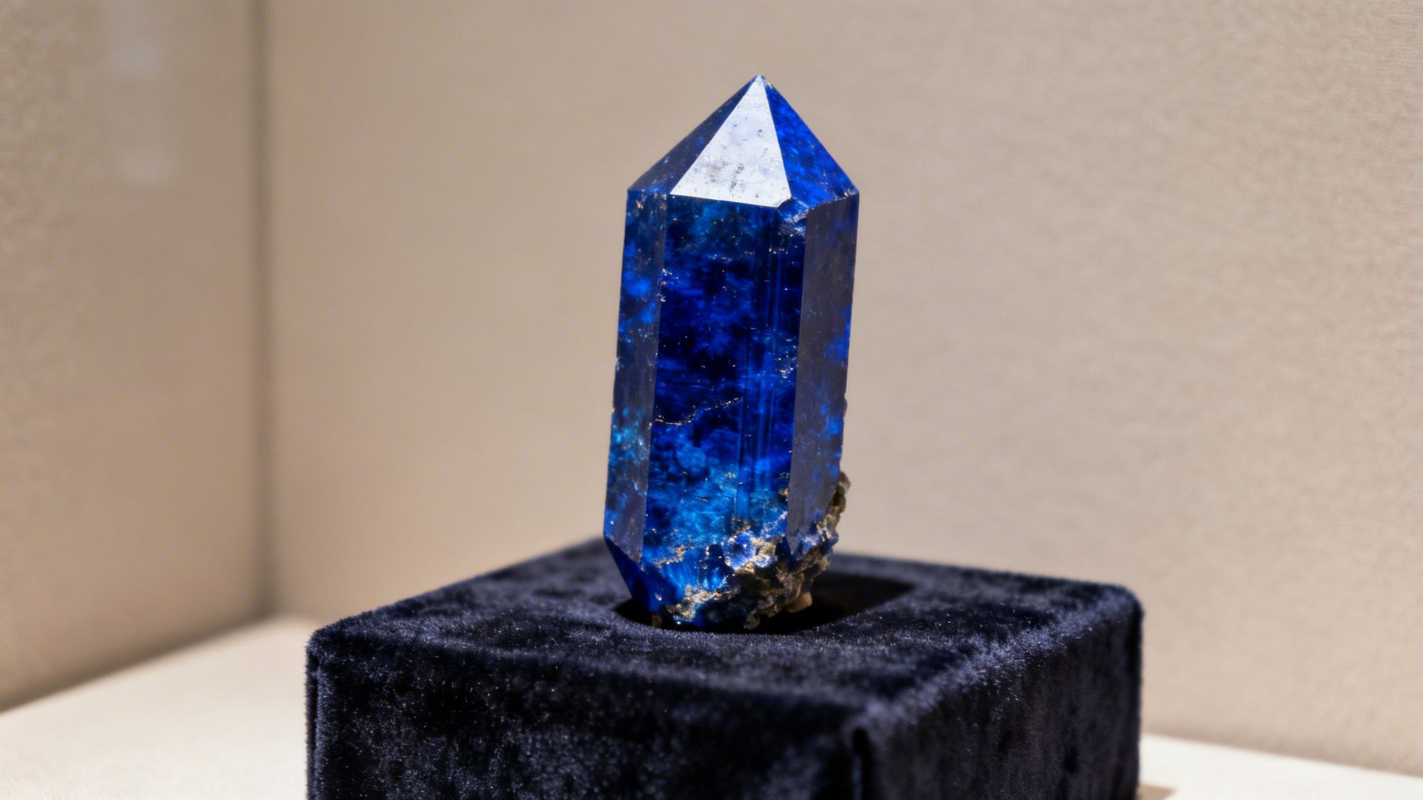 A vibrant blue azurite crystal stands upright on a dark velvet display base.