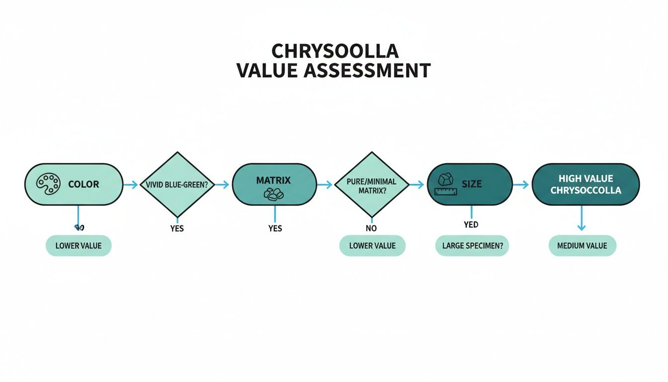 Flowchart assessing Chrysocolla value by color, matrix purity, and size, determining high, medium, or lower value.