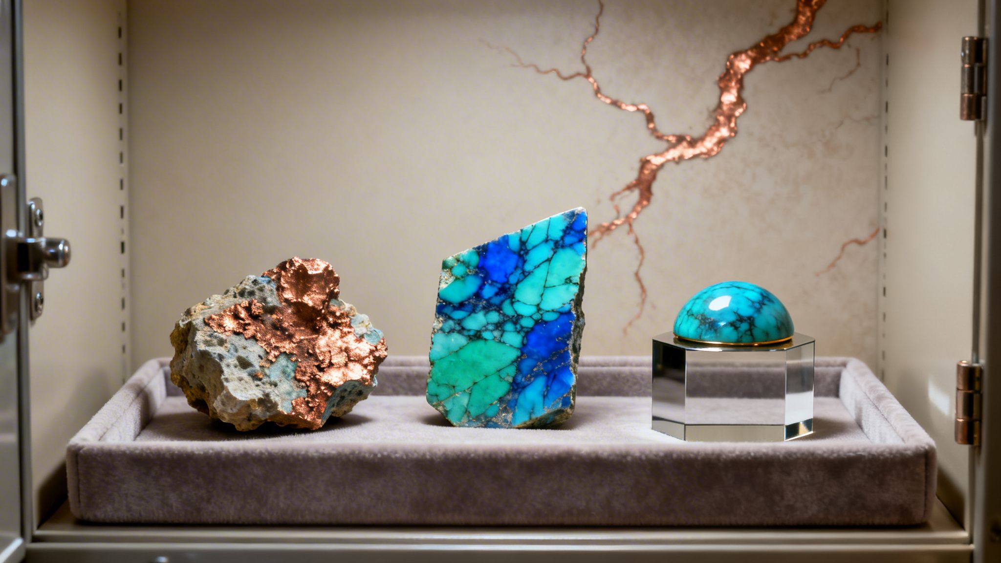 Three vibrant mineral specimens: raw copper, a polished chrysocolla slab, and a turquoise cabochon in a display case.