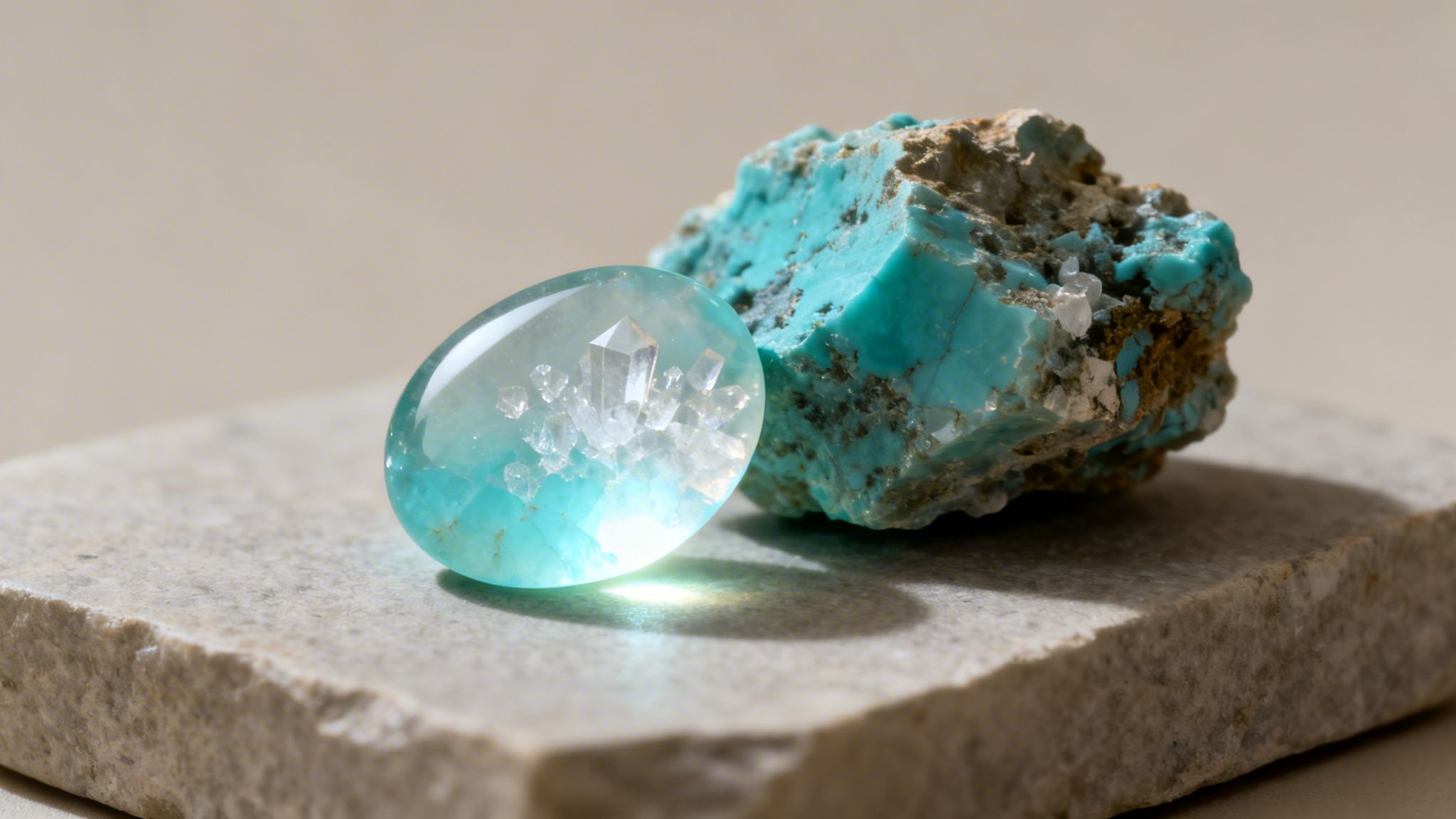 A polished blue-green gemstone with visible clear crystals next to a rough turquoise rock on marble.