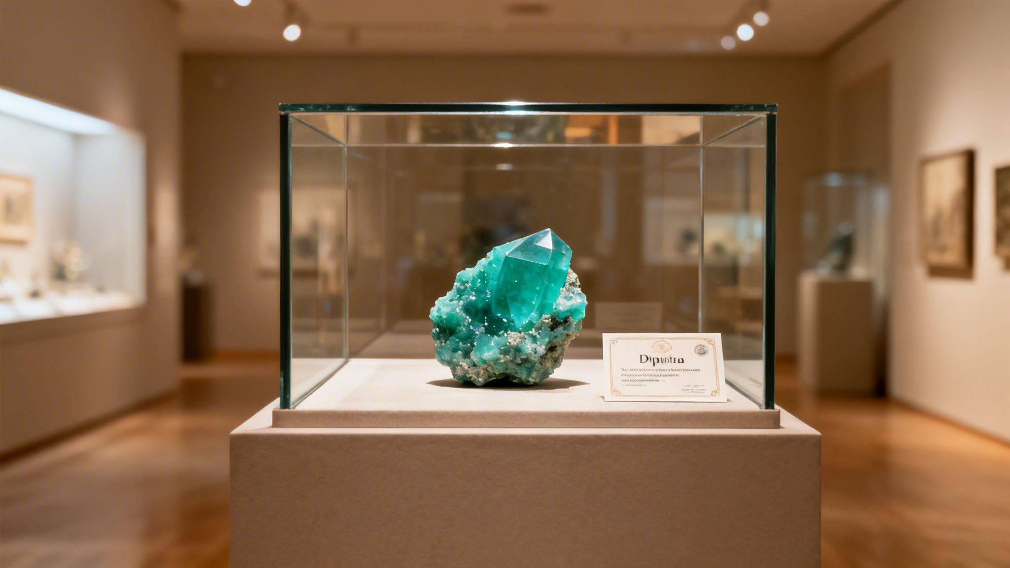 Vibrant green dioptase crystal displayed prominently in a glass case within a museum gallery.