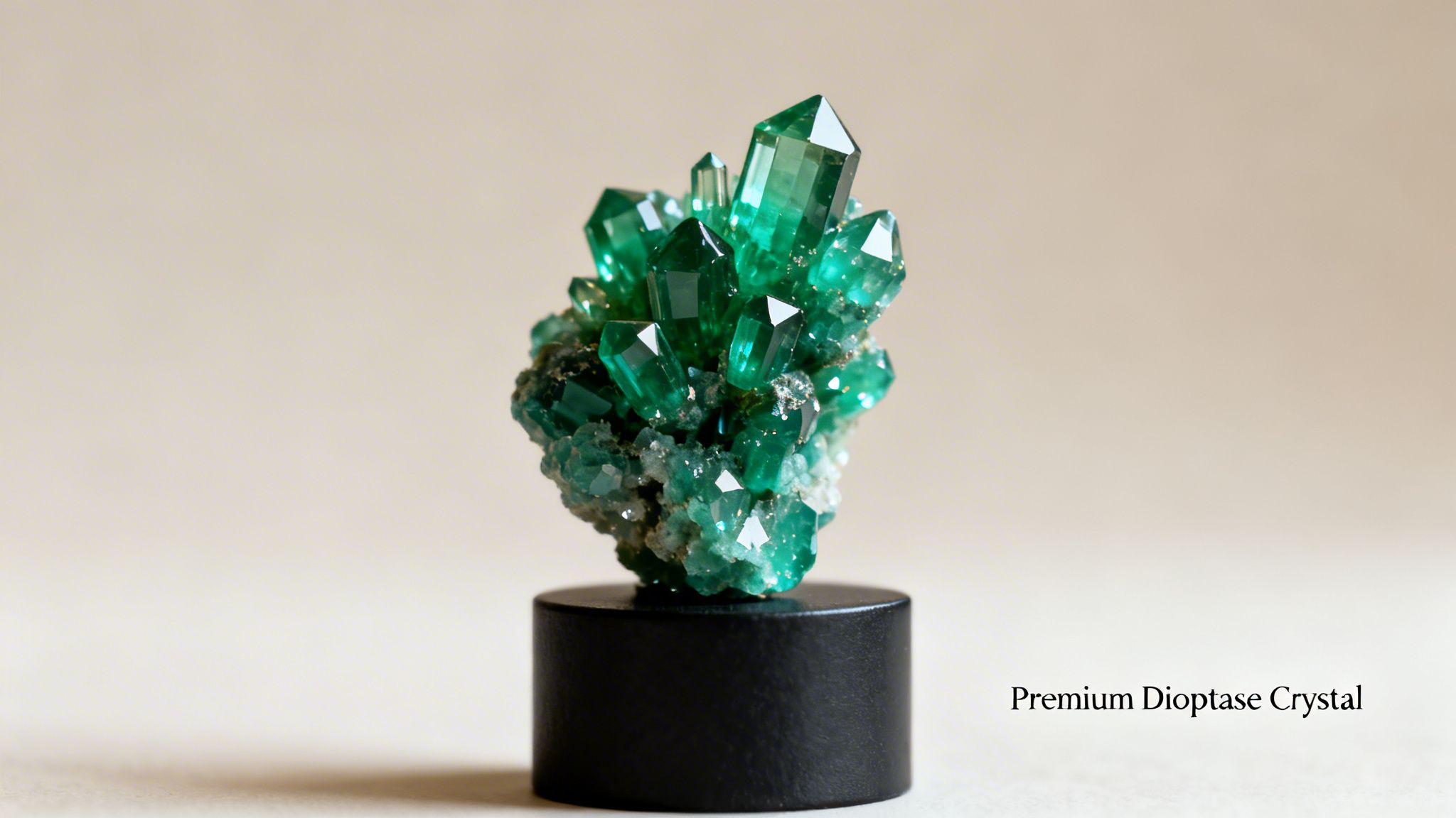 Vibrant green faceted dioptase crystal cluster on a black display stand against a light background.
