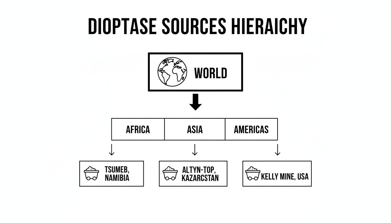 A hierarchical diagram illustrating global dioptase sources, from world to continents and specific mining locations.