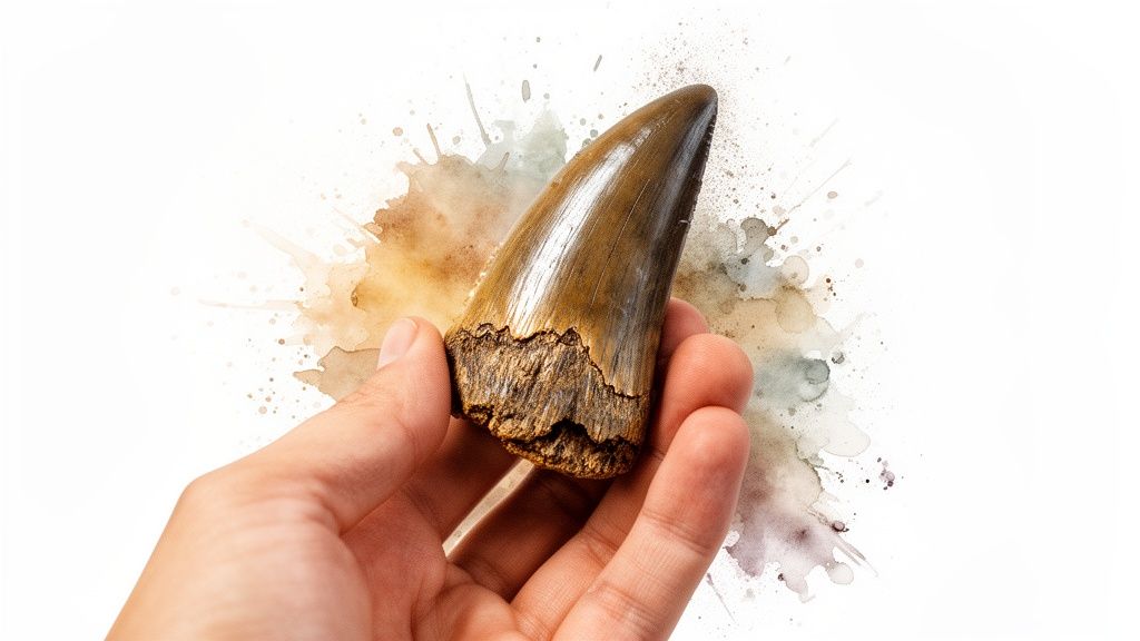 A hand holds a large, brown fossilized dinosaur tooth against a white background with watercolor splatters.