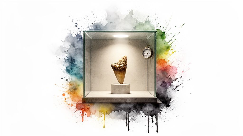 A fossilized megalodon tooth in a brightly lit glass display case with colorful watercolor splashes.