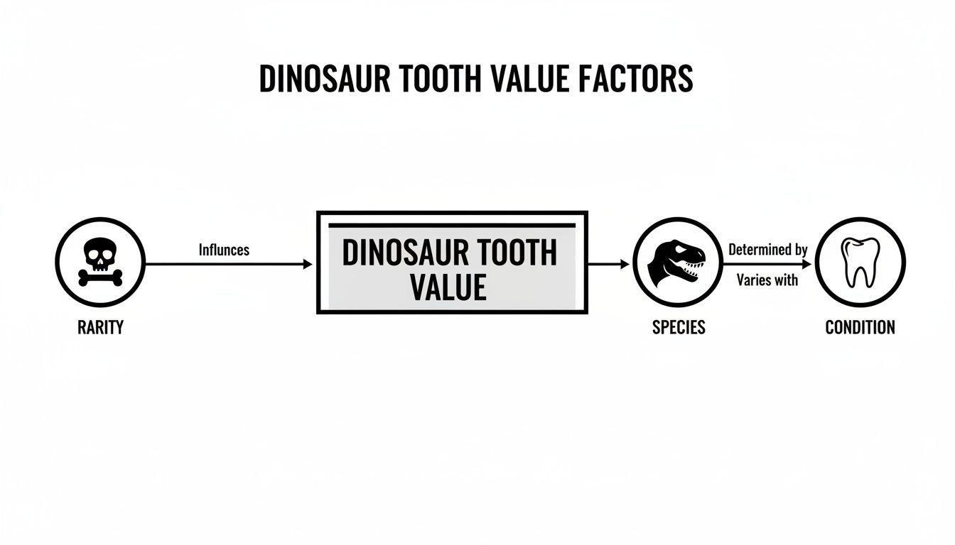 A diagram illustrating the factors that determine dinosaur tooth value: rarity, species, and condition.