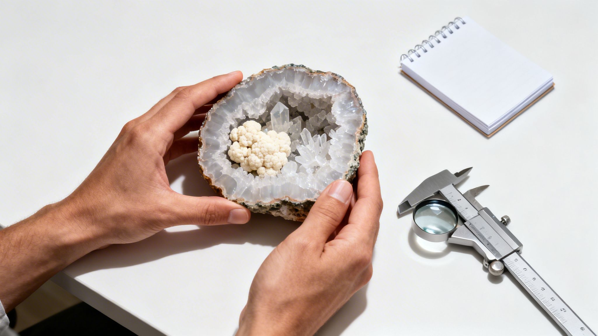 Hands holding a large geode revealing intricate crystal formations, with tools nearby.