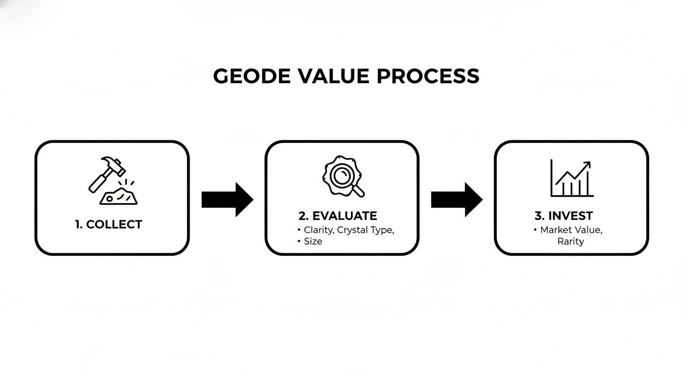 Flowchart outlining the geode value process: collect, evaluate (clarity, crystal type, size), and invest (market value, rarity).