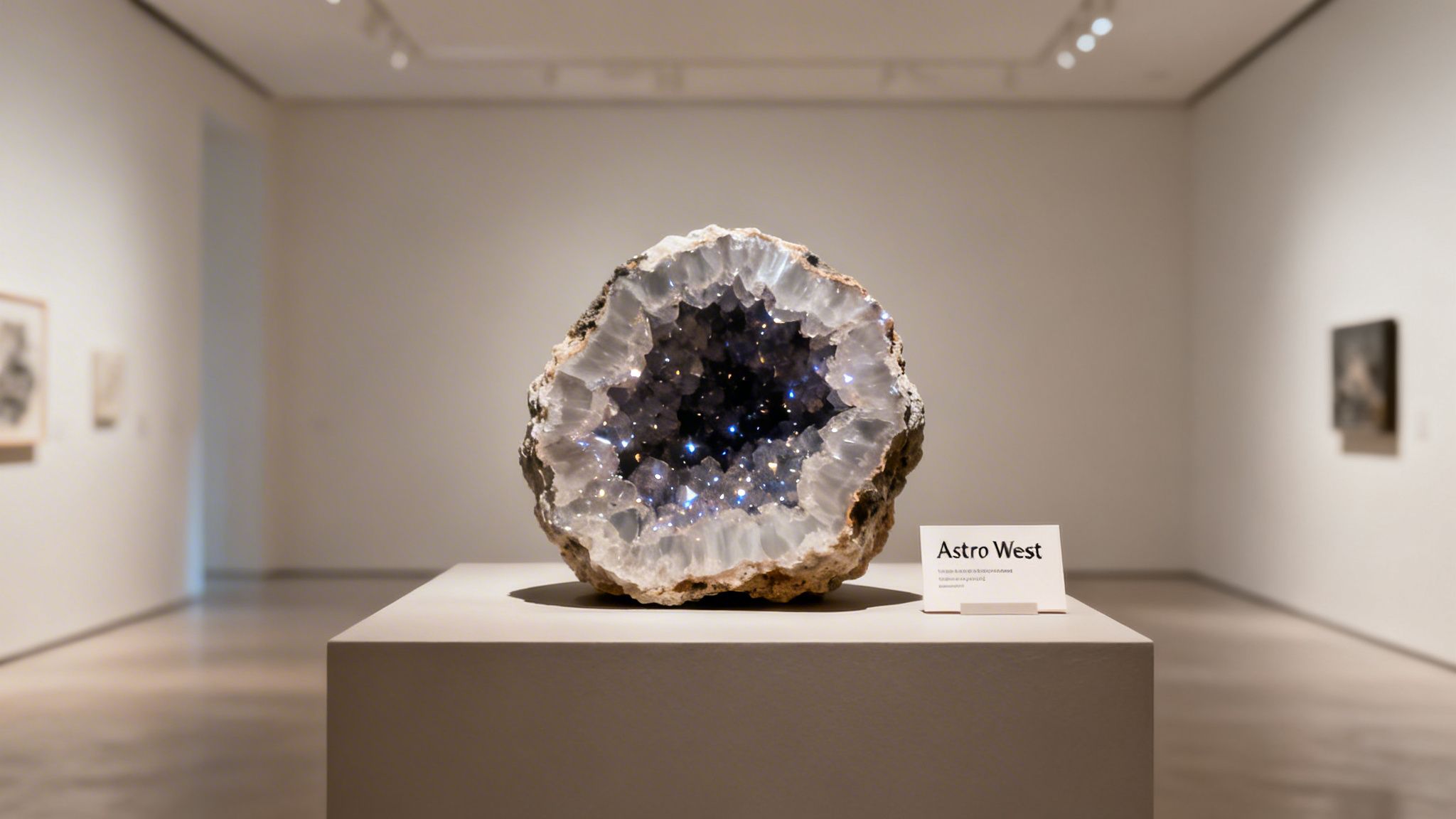 A large, sparkling geode with dark crystals displayed on a pedestal in a bright museum.