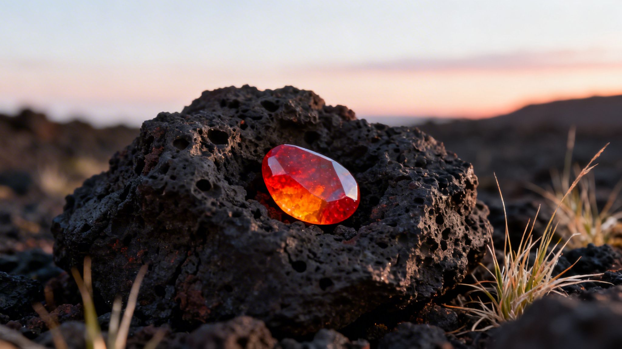 Close-up of a brilliant red fire opal glowing in dark volcanic rock under a soft sunset sky.