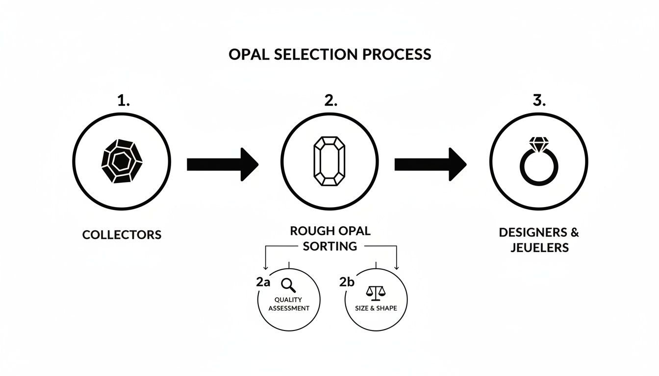 Flowchart illustrating the opal selection process, from collectors to rough sorting, and then to designers and jewelers.