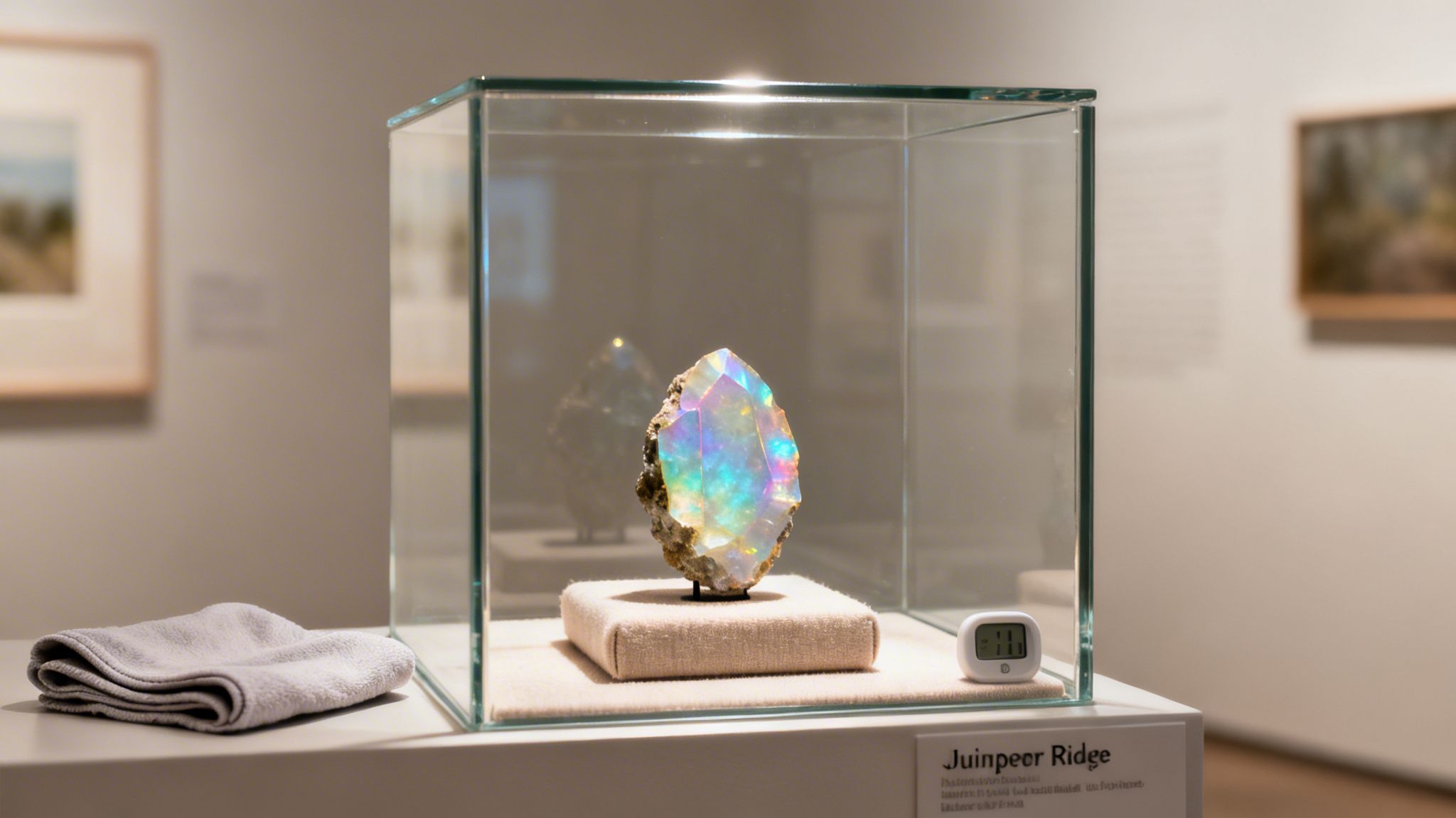 A luminous, iridescent opal gemstone displayed in a well-lit glass case within an art gallery.