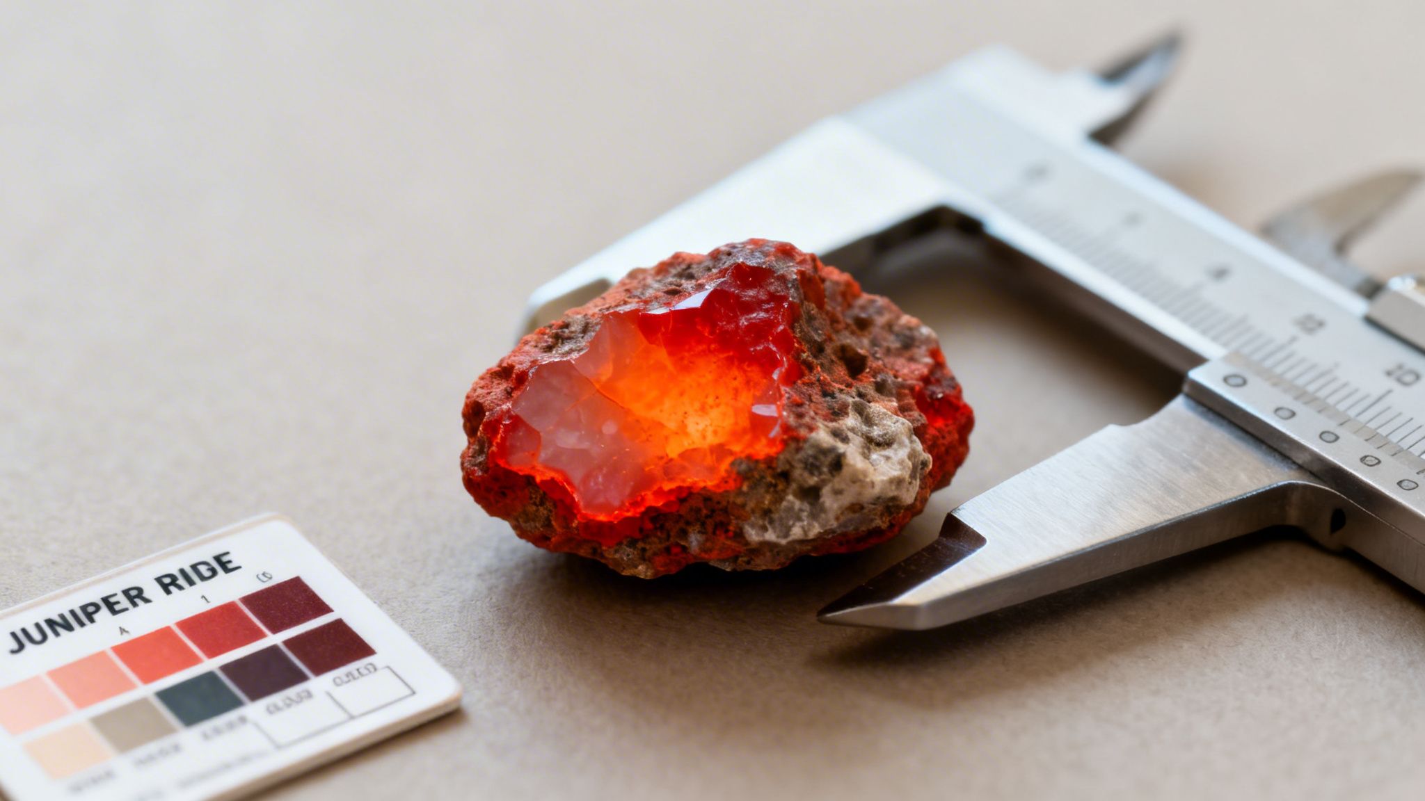 A vibrant red-orange rough opal in its host rock, with a caliper and color chart.