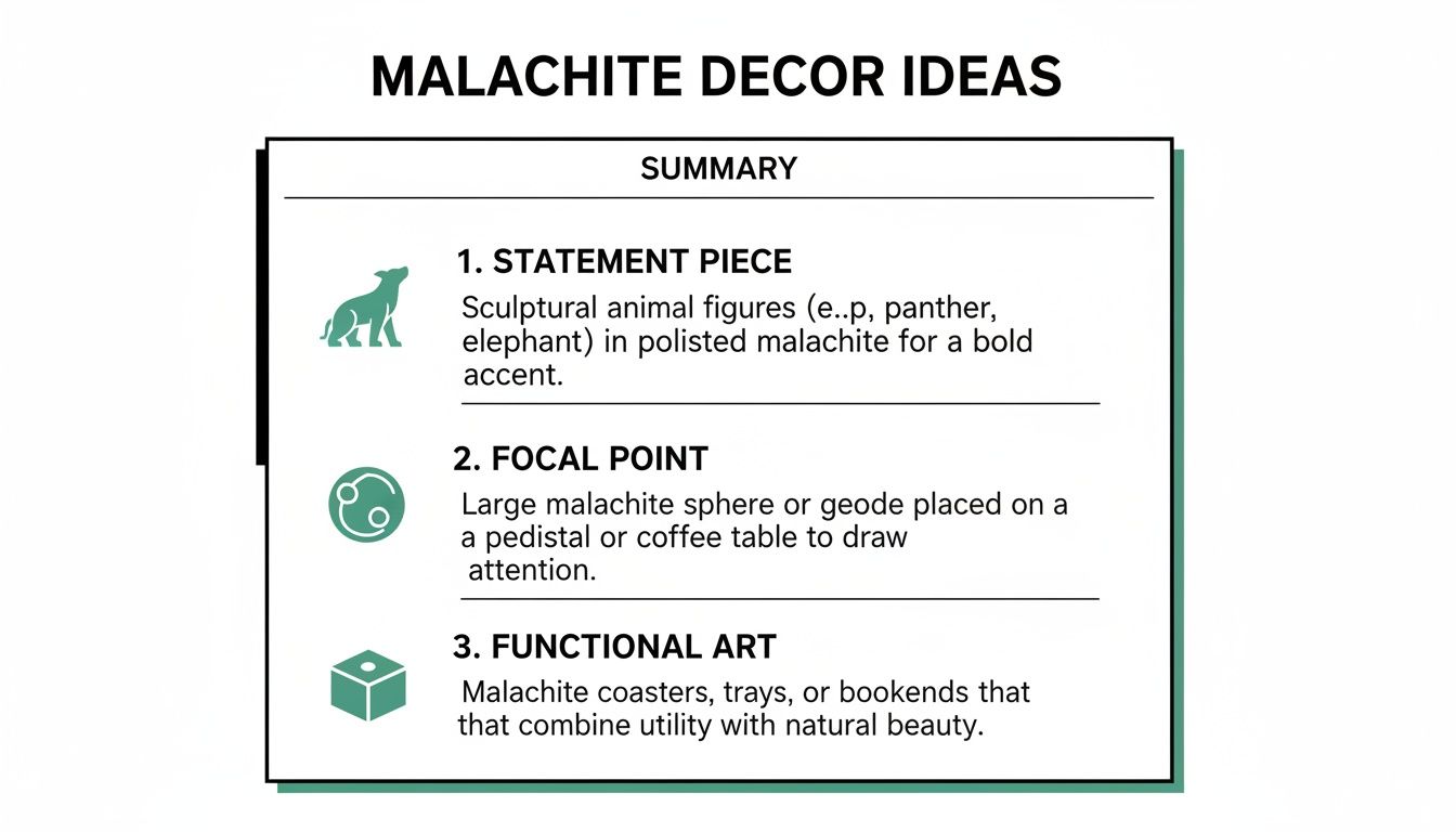 A summary of malachite decor ideas featuring statement pieces, focal points, and functional art.