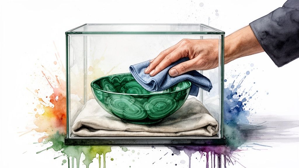 A hand with a blue cloth wipes a green malachite bowl inside a glass display case.