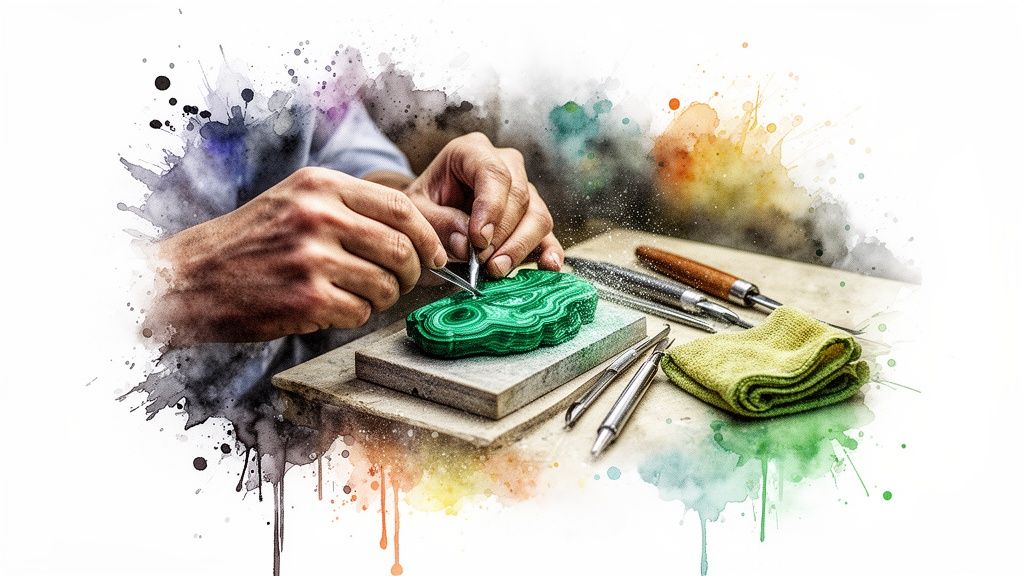 Close-up of hands meticulously crafting a vibrant green malachite stone with tools, surrounded by watercolor splatters.