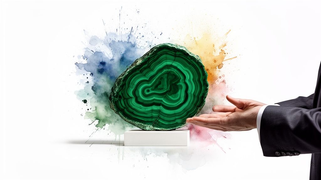 A person's hands present a vibrant green malachite stone slice on a white stand, with watercolor splashes.