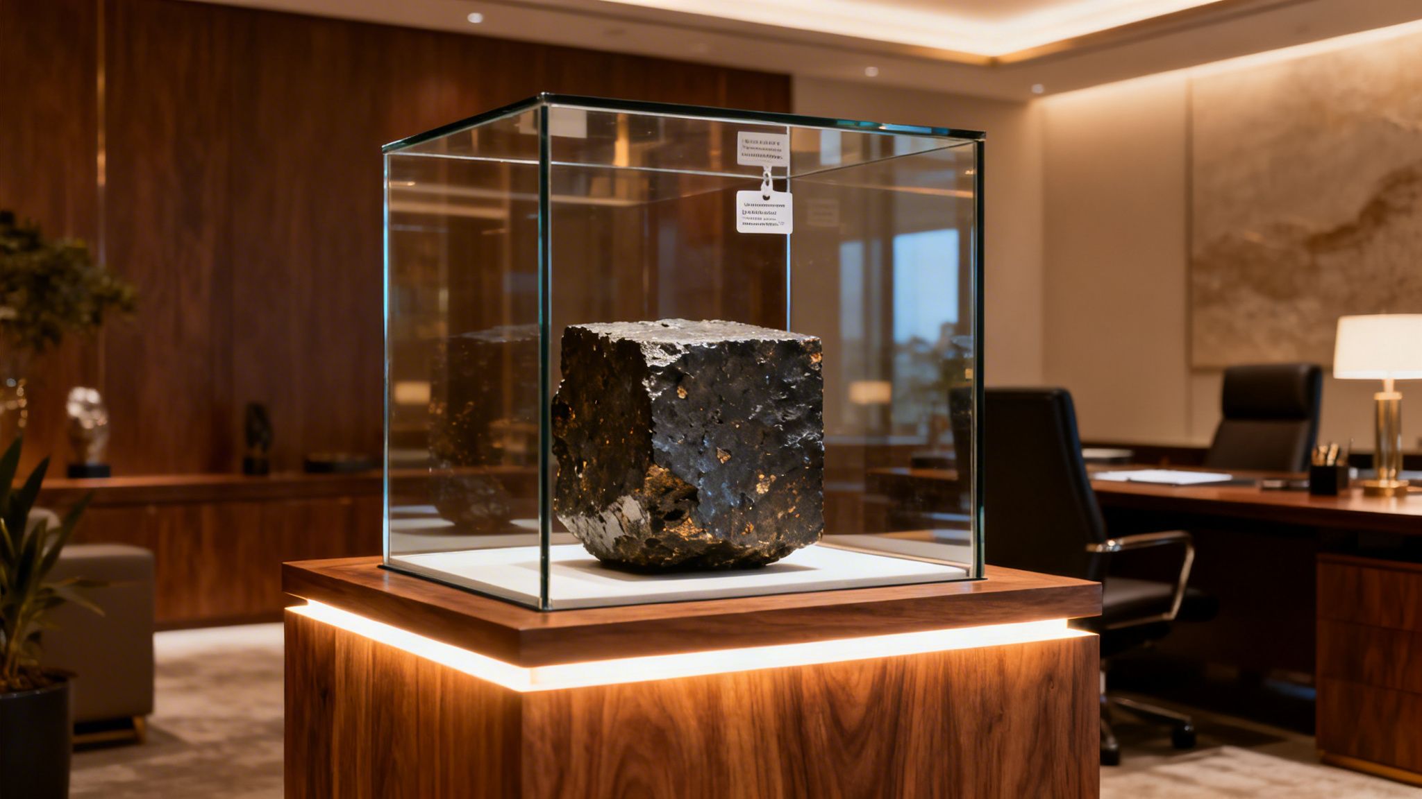 A large, dark, cube-shaped meteorite is showcased in a lighted glass display case within an office.