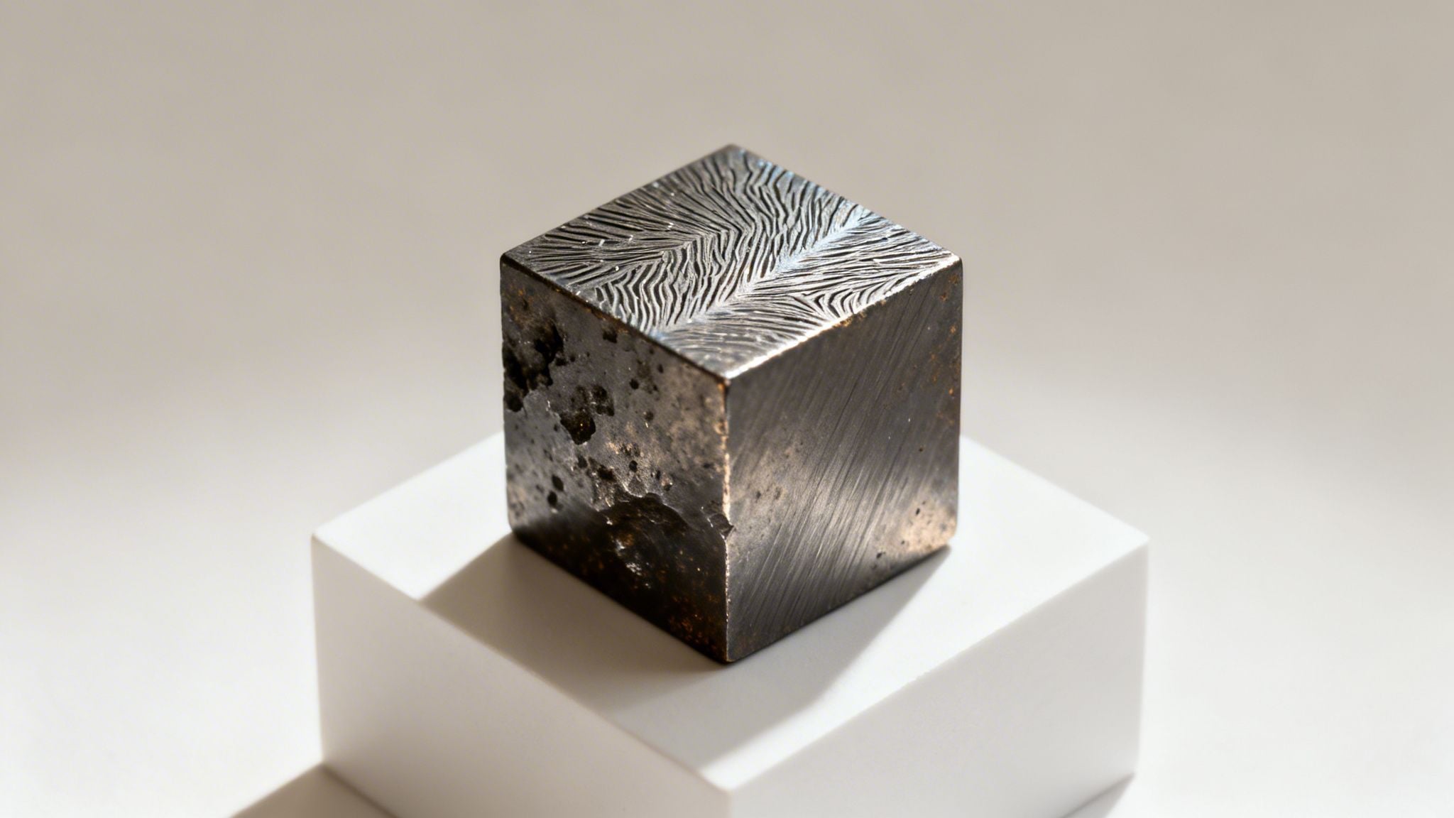 A dark, metallic cube with intricate patterns on top and a rough side, resting on a white pedestal.