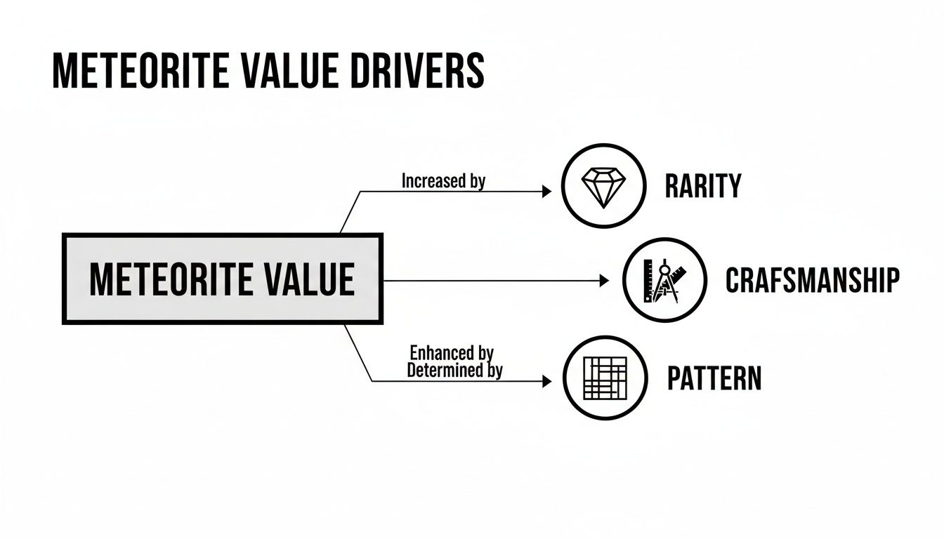 A diagram illustrating meteorite value drivers, highlighting rarity, craftsmanship, and pattern as key factors.