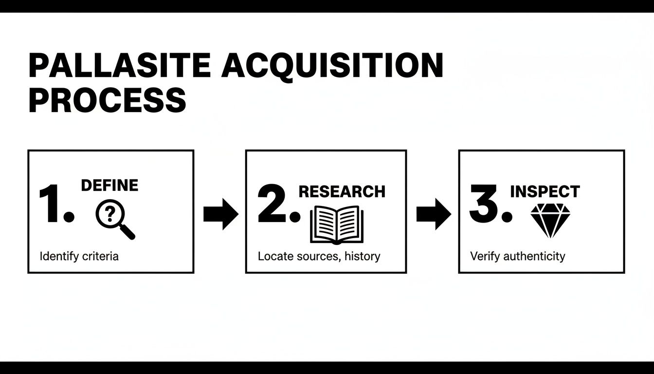 A three-step flowchart outlining the pallasite acquisition process: define, research, and inspect.