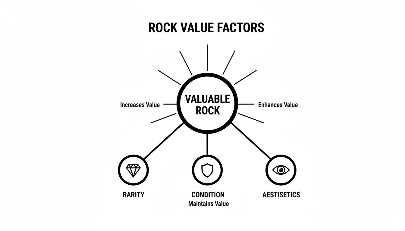 A diagram illustrating the factors determining a rock's value, including rarity, condition, and aesthetics.