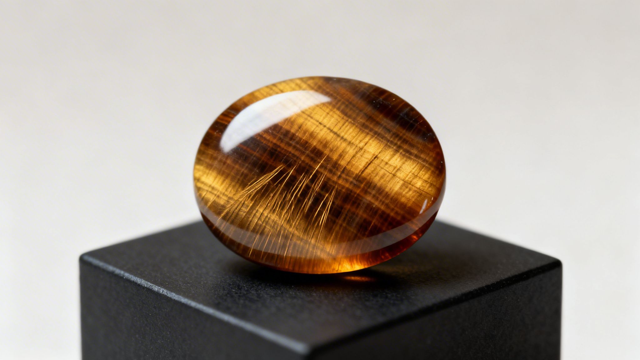 A polished, golden-brown tiger's eye gemstone, showcasing its chatoyancy, rests on a dark display block.