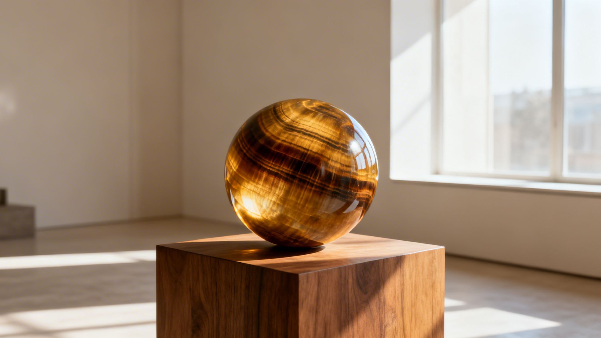 A beautiful tiger's eye sphere glows on a wooden pedestal in a sunlit, minimalist room.