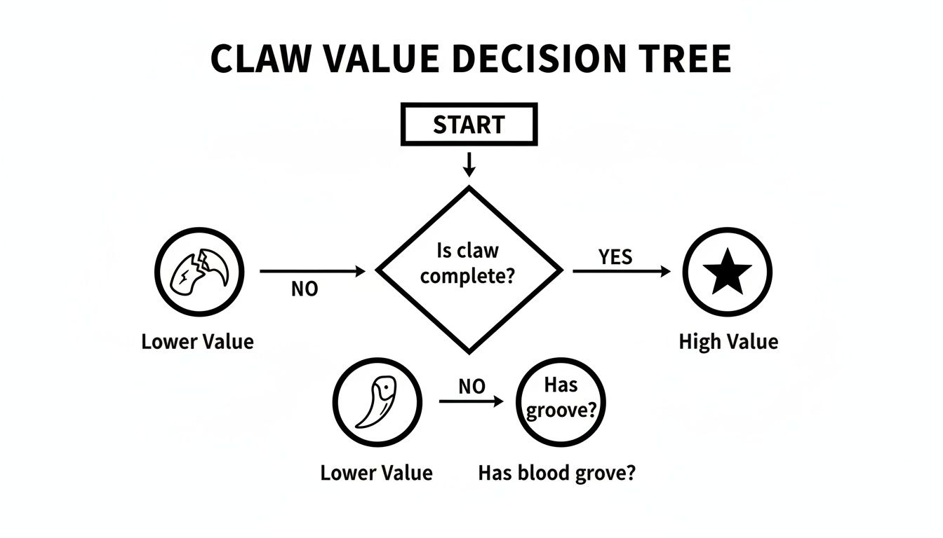 A decision tree flowchart for evaluating claw value based on completeness and groove presence.