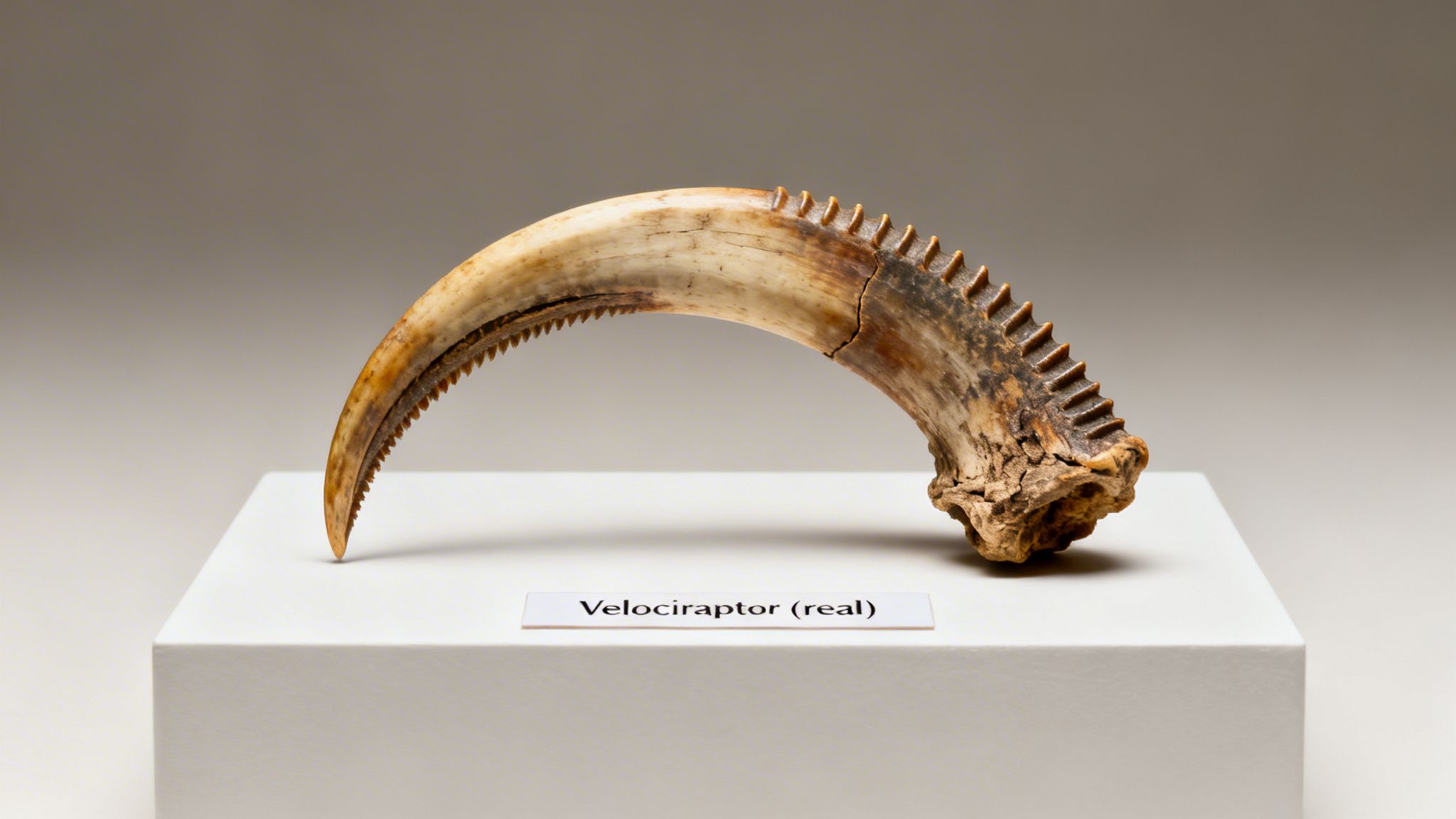 A real Velociraptor fossilized claw, brown and beige, displayed on a white pedestal.